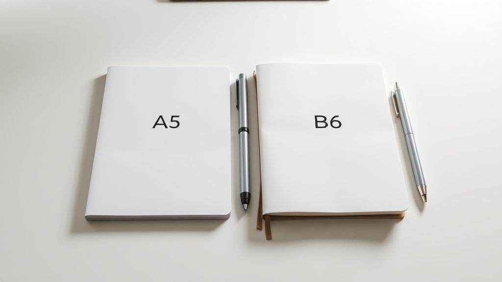 책상 위에 놓인 A5 사이즈와 B6 사이즈 다이어리의 크기 차이를 보여주는 비교 사진