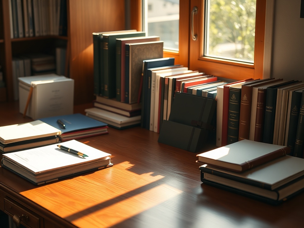 따뜻한 햇살이 비치는 나무 책상 위에 놓인 다양한 크기와 색상의 다이어리들