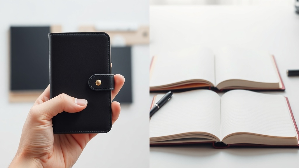 작은 포켓용 다이어리를 손에 들고 있는 모습과 큰 노트가 책상 위에 펼쳐진 모습의 대비
