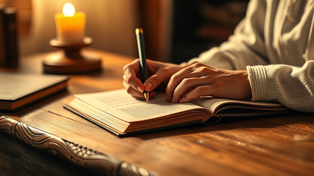 따뜻한 조명 아래 다이어리를 쓰고 있는 평온한 일상 모습